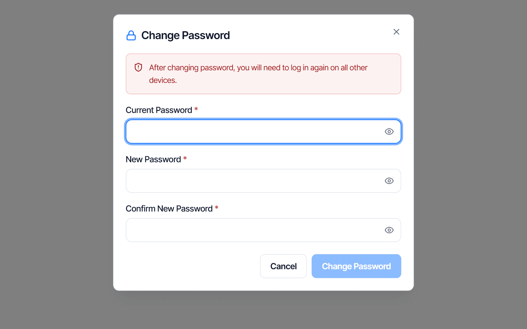 Change Password dialog with Current Password, New Password, Confirm New Password fields and a sign-out-everywhere-else warning