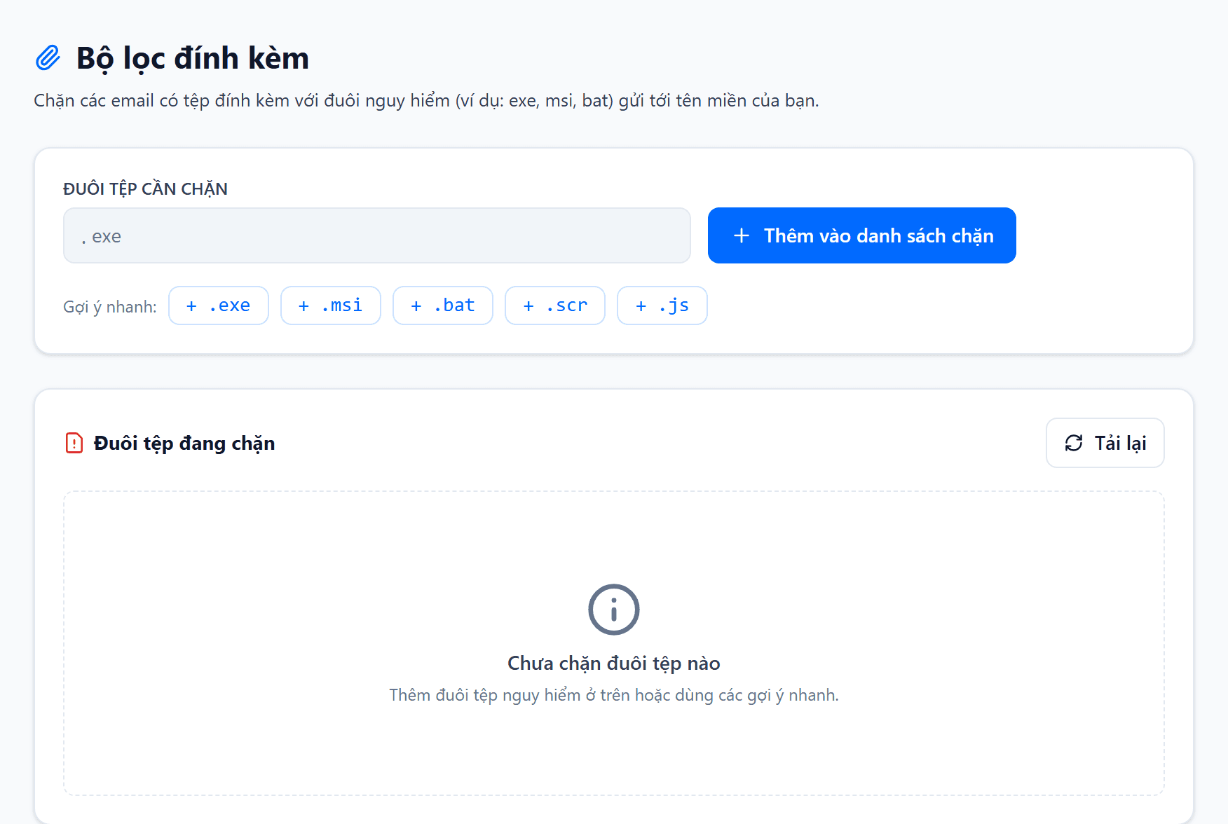 Trang Bộ lọc đính kèm: ô nhập ĐUÔI TỆP CẦN CHẶN có dấu chấm cố định bên trái, nút Thêm vào danh sách chặn, dòng Gợi ý nhanh với các chip đuôi tệp, và bảng Đuôi tệp đang chặn liệt kê các đuôi đang có hiệu lực
