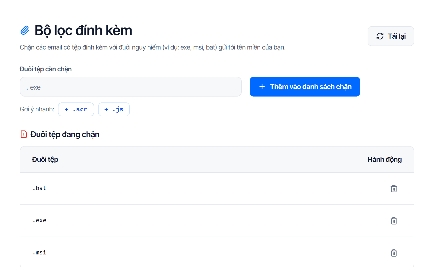 Trang Bộ lọc đính kèm: ô nhập ĐUÔI TỆP CẦN CHẶN có dấu chấm cố định bên trái, nút Thêm vào danh sách chặn, dòng Gợi ý nhanh với các đuôi tệp bấm được, và bảng Đuôi tệp đang chặn liệt kê các đuôi đang có hiệu lực