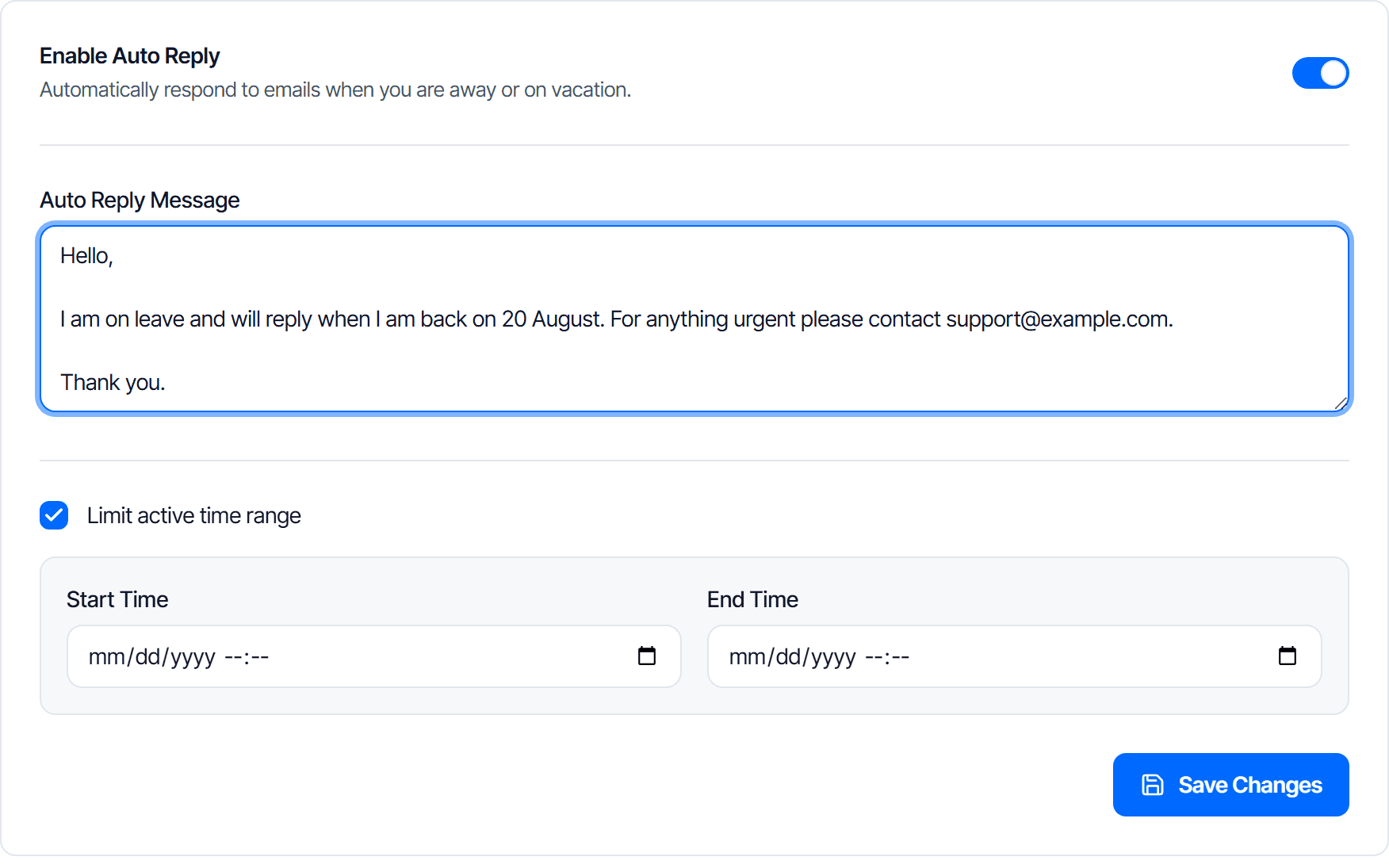 The Auto-reply page with the Enable auto-reply switch turned on, the Auto-reply message box filled with a sample out-of-office note, Limit active time range ticked so the Start Time and End Time fields are showing, and the Save changes button at the bottom right