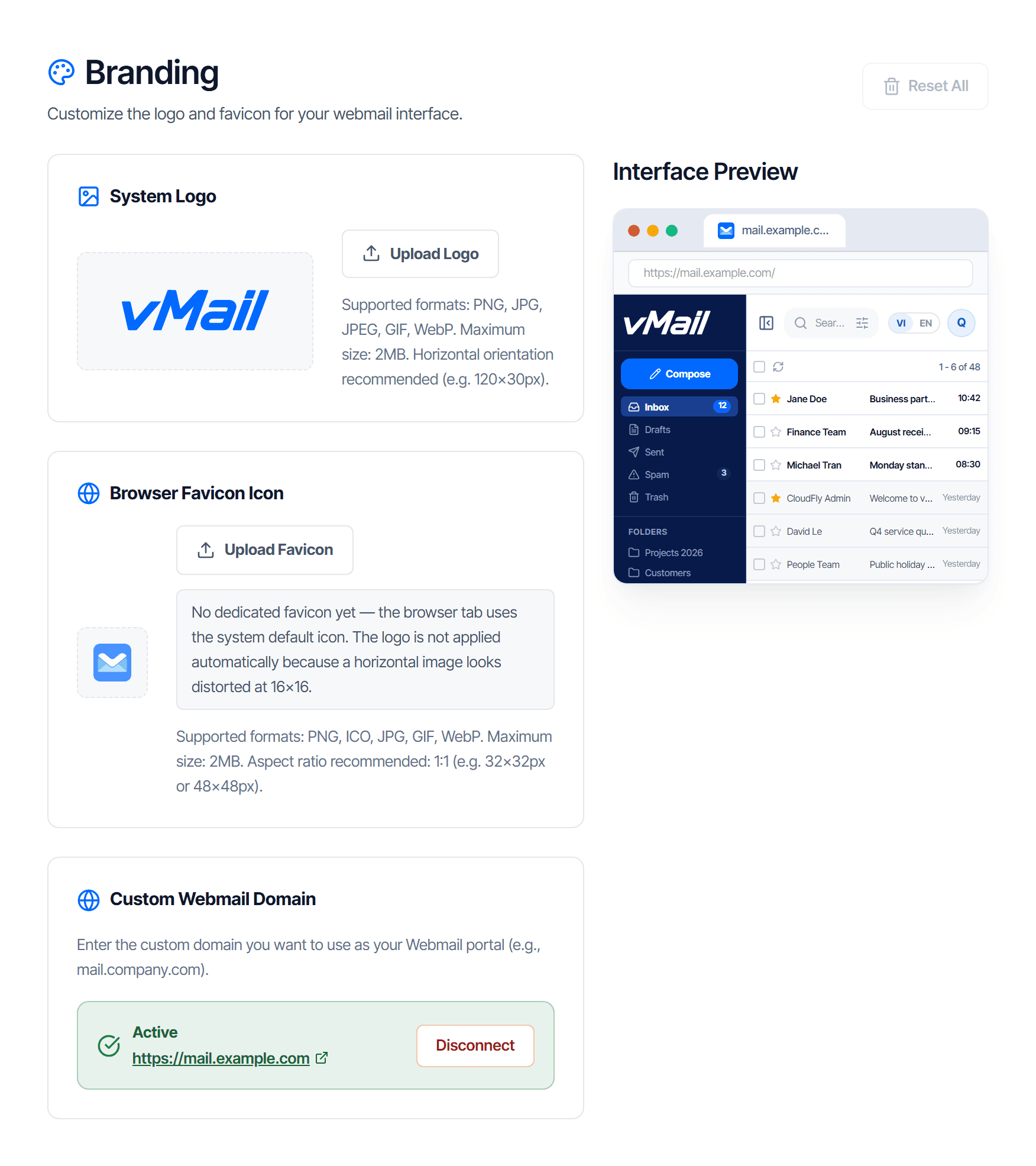 The Branding page: a system logo block showing the default logo with an Upload Logo button, a browser favicon block, and a custom webmail domain block in the active state with an unlink button