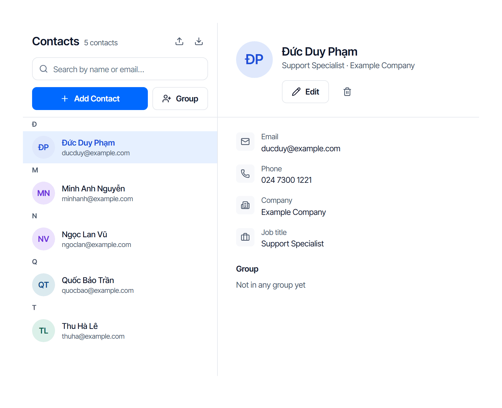 The Contacts page in two columns: on the left a search box, an Add Contact button and a Group button, with Import vCard and Export vCard icon buttons at the top right of the heading, and below them the contact list grouped by first letter; on the right the selected contact's details with Email, Phone, Company, Job title and the Edit and delete buttons