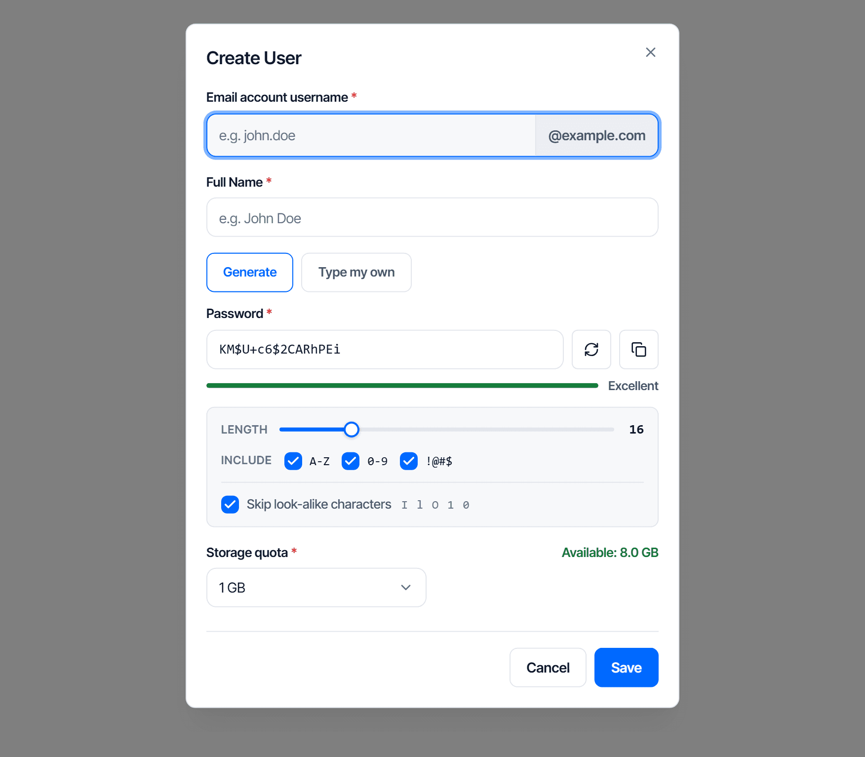 The Create User dialog: an Email account username field with a fixed @example.com suffix pinned to its right, then Full name, Password with a minimum of 8 characters, Confirm password, and a Storage quota dropdown with a green "Available: 6.0 GB" line at its right