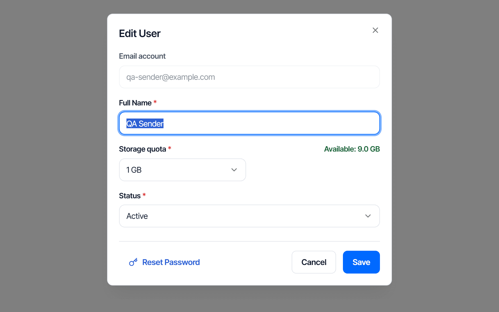 The edit user dialog: a locked email field, a display name field, a storage list with preset sizes and a custom option, a status field, a reset password button at the bottom left, and cancel and save buttons