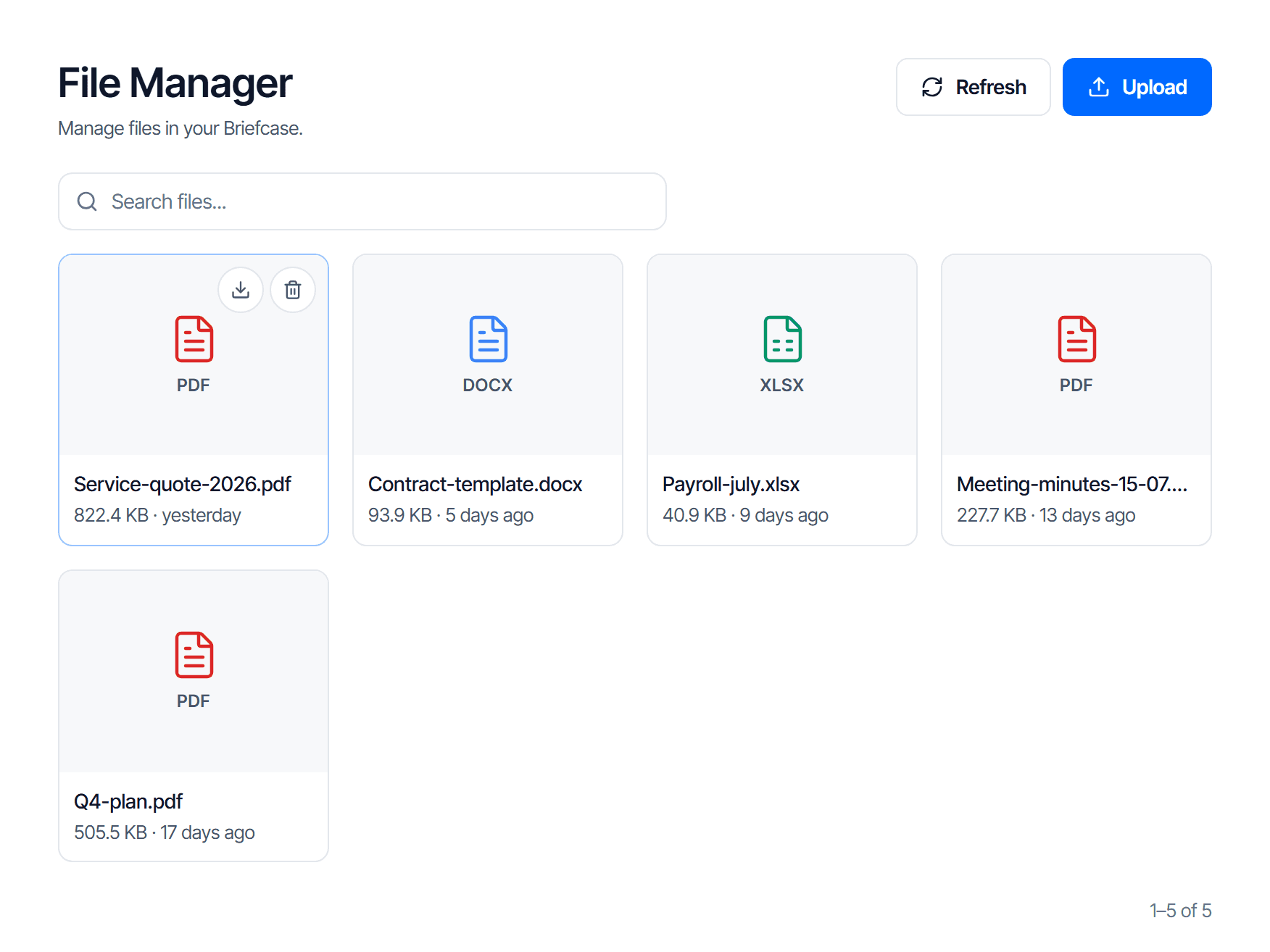The file manager page: reload and upload buttons, and a file list showing name, size and upload time with format labels such as JPG and EML