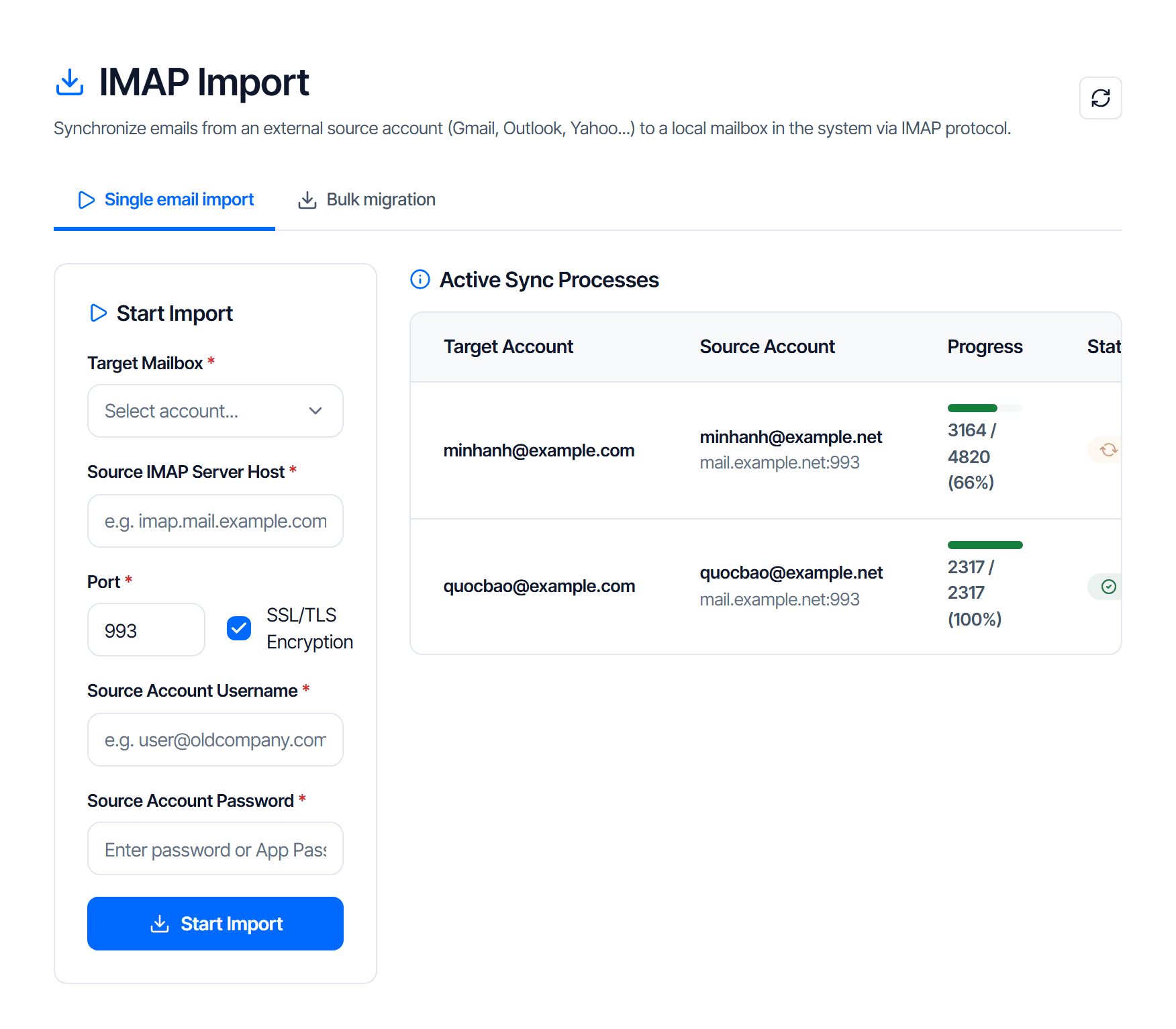 The IMAP Import page: a Bulk import and a Start an import button at the top, below them the Status filter and the import counter, then the list of cards — one import running with its progress bar and one finished