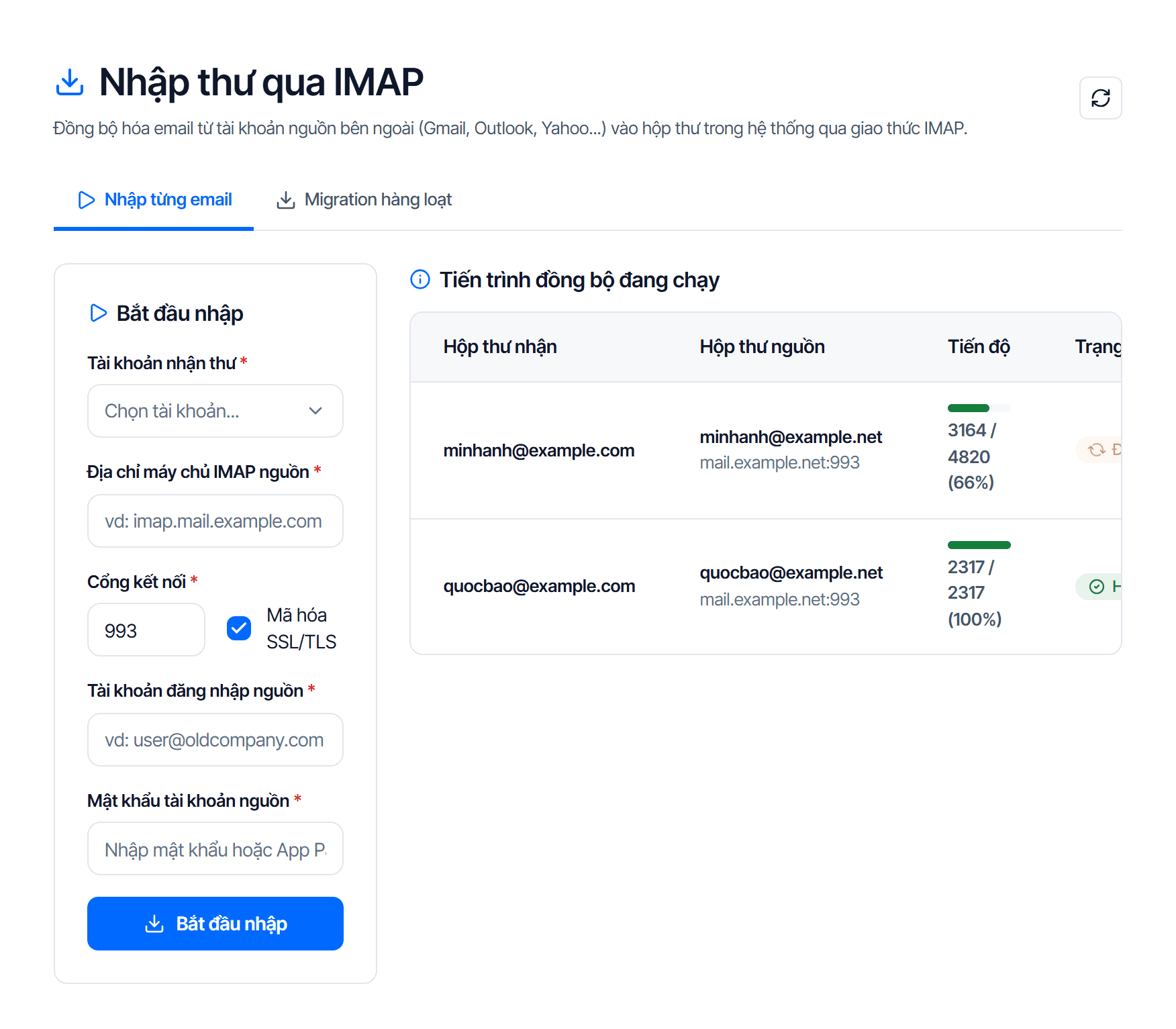 Trang Nhập thư qua IMAP: đầu trang có nút Nhập hàng loạt và Bắt đầu nhập, dưới là ô chọn Trạng thái cùng bộ đếm số lần nhập, rồi danh sách thẻ — một lần nhập đang chạy kèm thanh tiến độ và một lần nhập đã hoàn thành