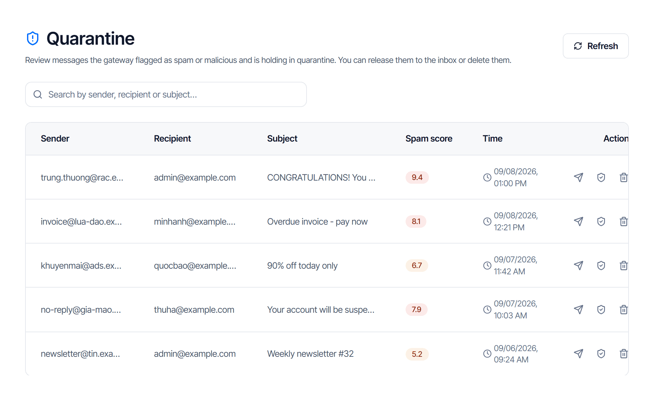 The Quarantine table with three messages: the spam score column shows a red 8.9, an amber 5.2 and a grey 2.4, alongside sender, recipient, subject and time columns