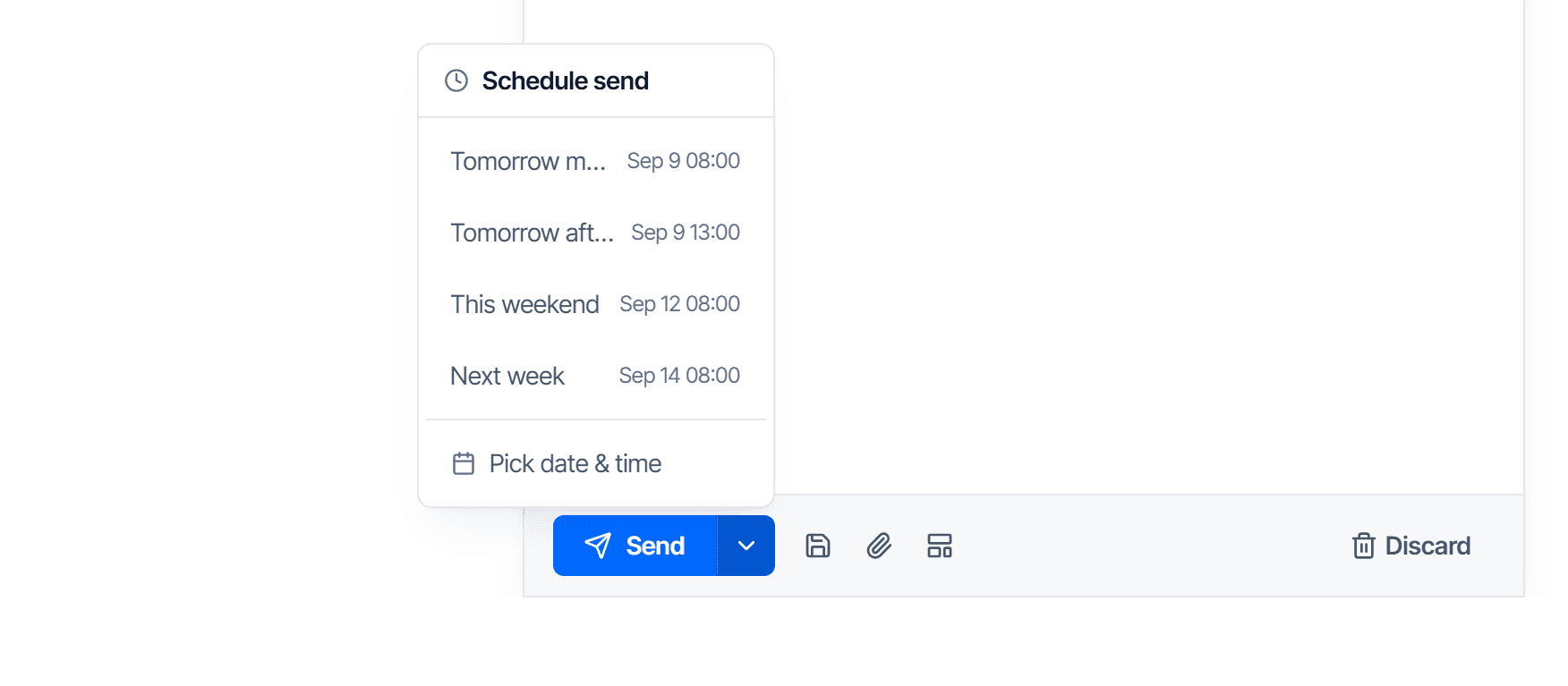 Schedule send menu opened by clicking the down arrow beside the send button, listing preset times with their exact date and time
