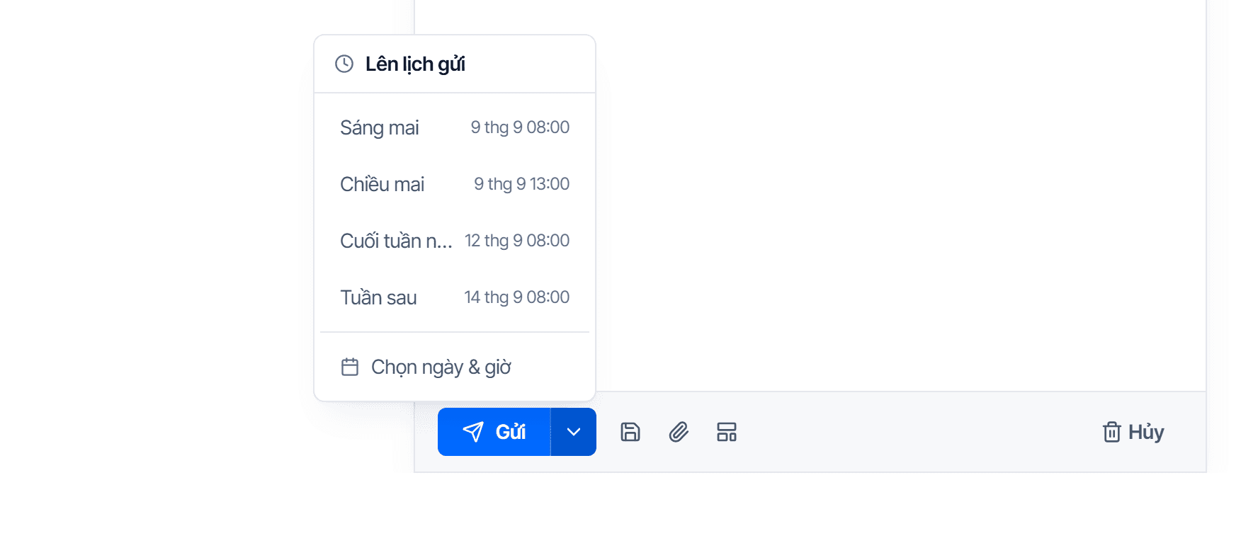Menu Lên lịch gửi mở ra khi bấm mũi tên xuống bên phải nút gửi, liệt kê các mốc giờ có sẵn kèm ngày giờ cụ thể