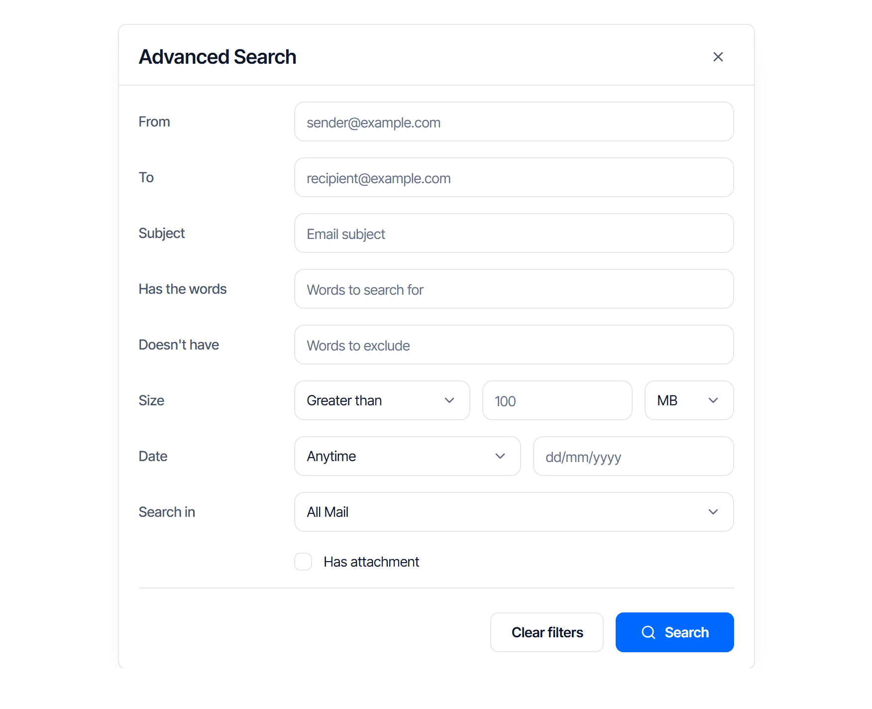 Advanced Search panel slid open with all filter fields — From, To, Subject, Has the words, Doesn't have, Size, Date, Search in and Has attachment