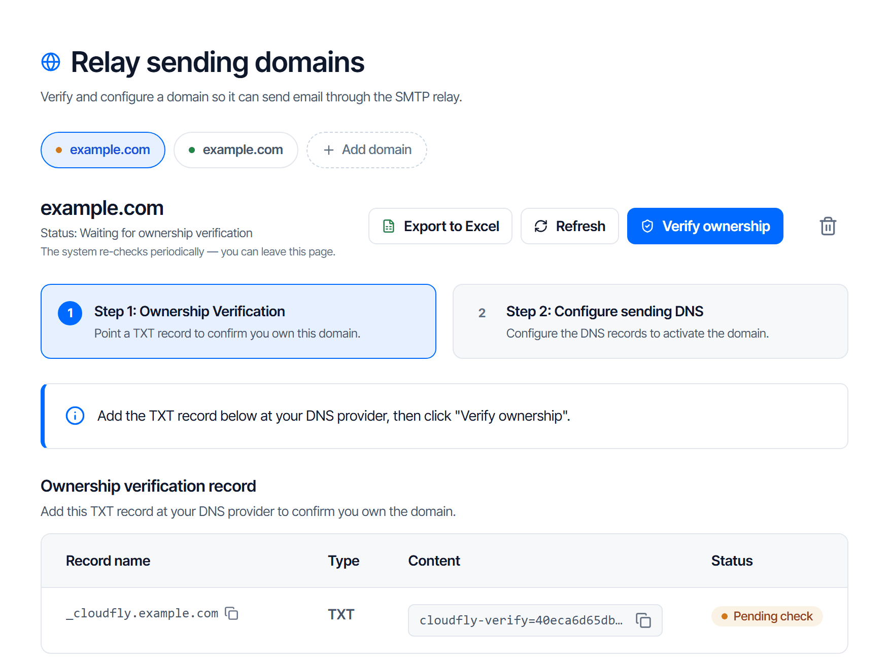 The Email Relay sending domains page: a row of domains with an add-domain button, the two-step frame, and the step 2 record table with signing CNAME rows, feedback MX and TXT rows and a _dmarc TXT row