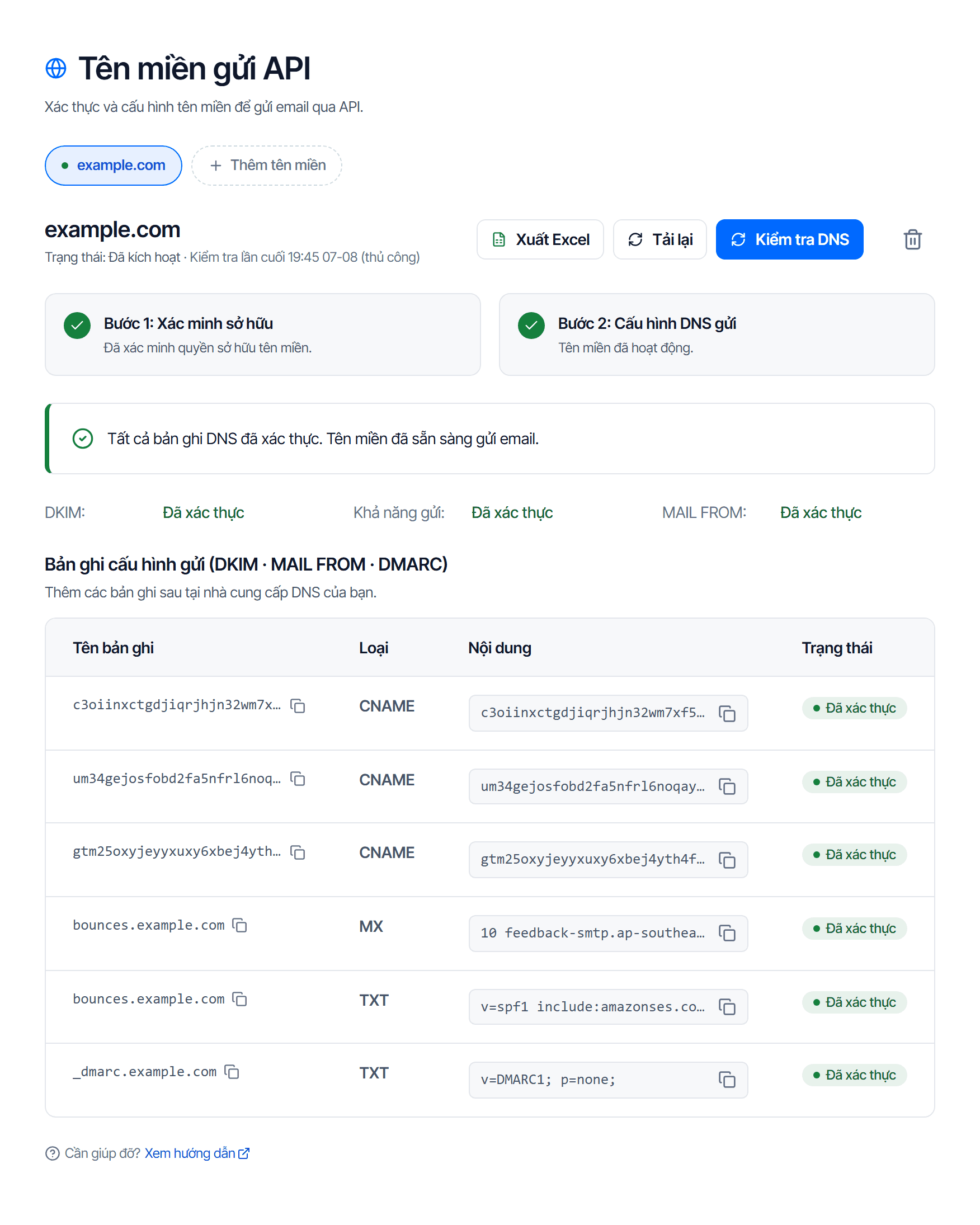 Trang Tên miền gửi của Email API: dải tên miền có nút Thêm tên miền ở cuối, khung hai bước, và bảng bản ghi bước 2 với các dòng CNAME ký thư, MX và TXT đường phản hồi, TXT _dmarc, mỗi dòng có nút chép và cột trạng thái