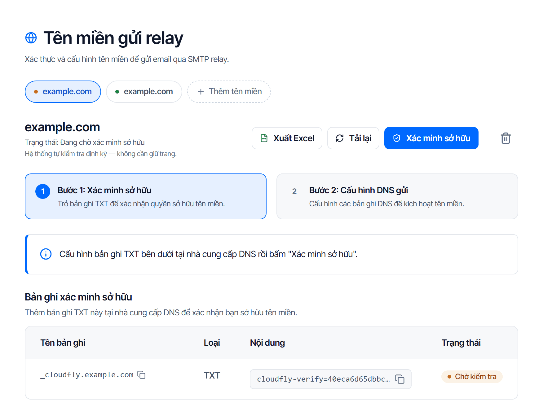 Trang Tên miền gửi của Email Relay: dải tên miền kèm nút thêm tên miền, khung hai bước, và bảng bản ghi bước 2 với các dòng CNAME ký thư, MX và TXT đường phản hồi và TXT _dmarc