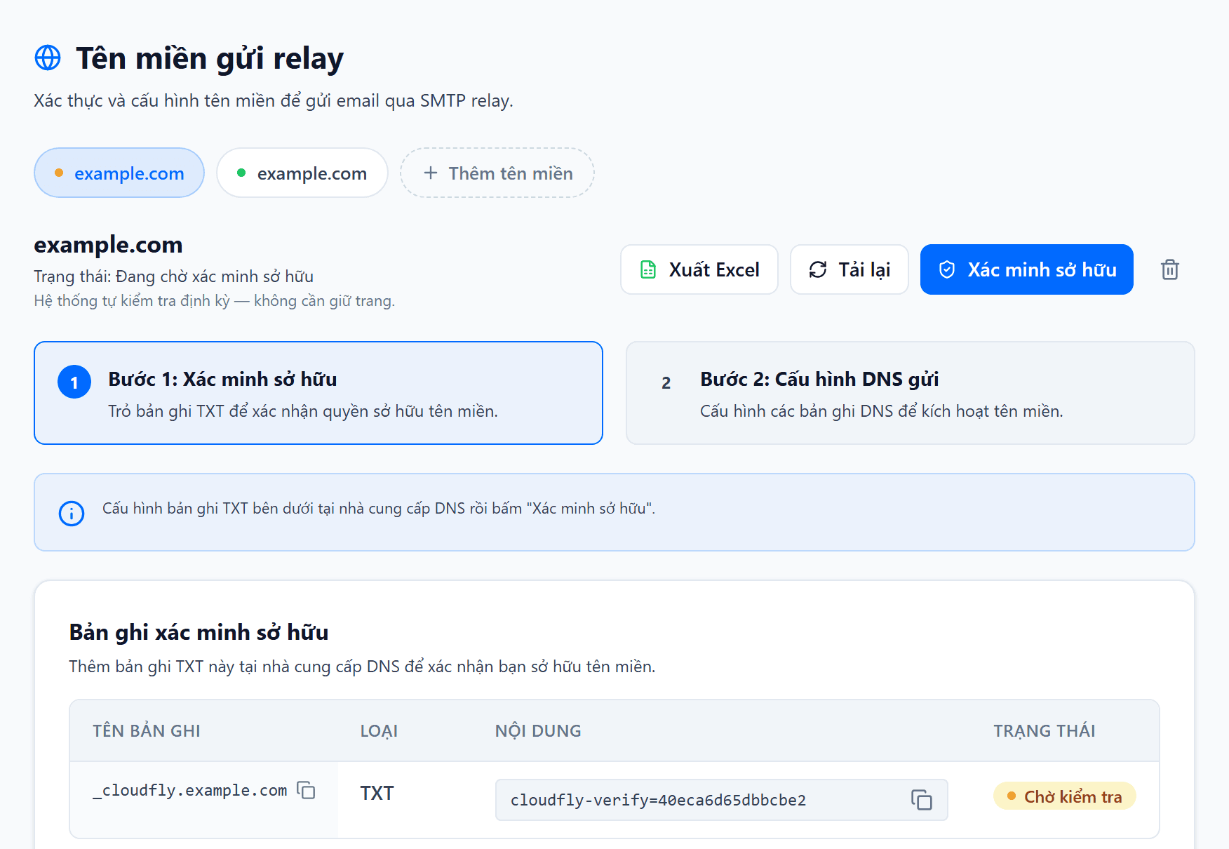 Trang Tên miền gửi của Email Relay: dải chip tên miền kèm chip thêm tên miền, khung hai bước, và bảng bản ghi bước 2 với các dòng CNAME ký thư, MX và TXT đường phản hồi và TXT _dmarc