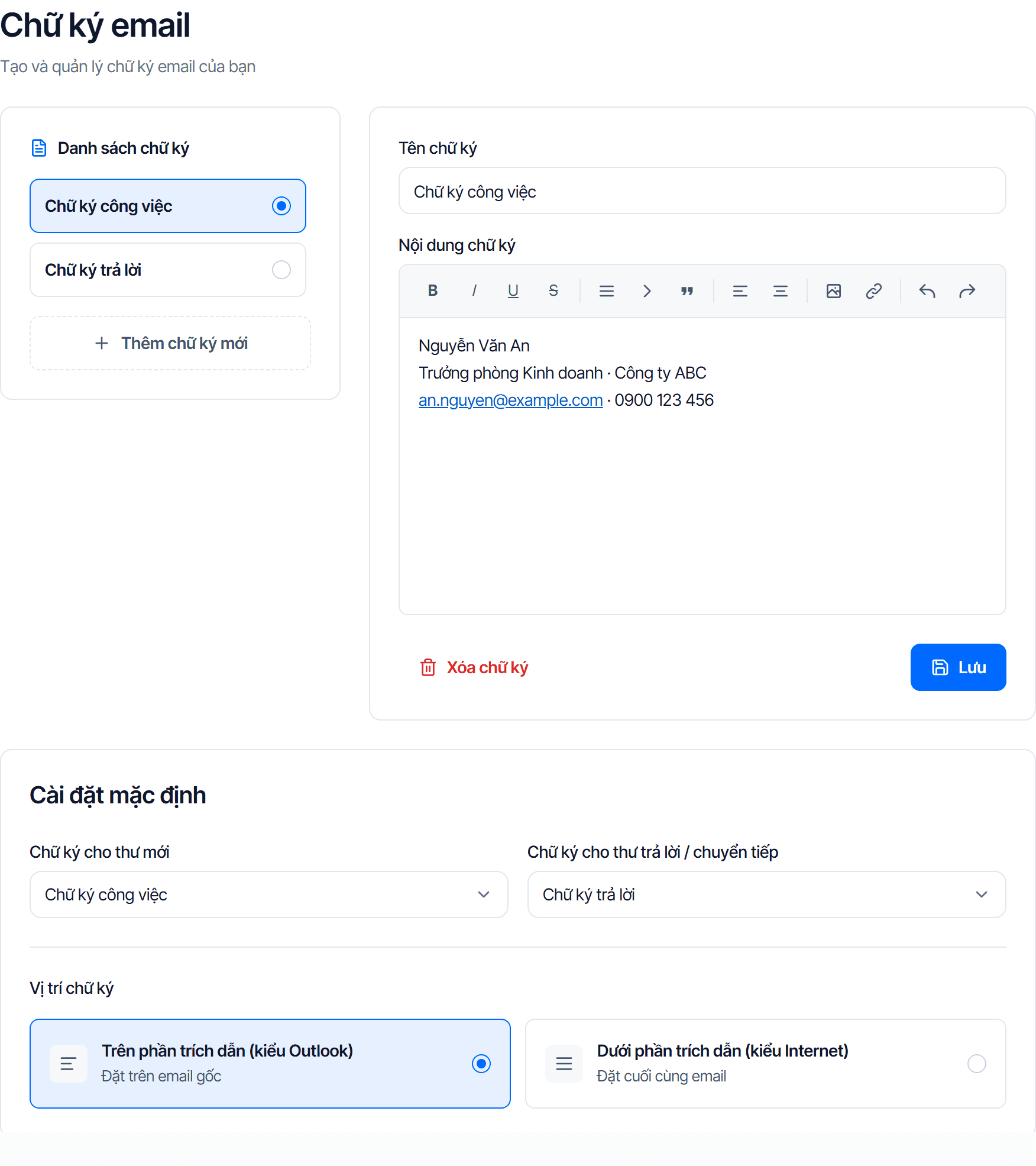 Trang Chữ ký email đầy đủ: Danh sách chữ ký bên trái có Chữ ký công việc đang chọn và Chữ ký trả lời, khung soạn bên phải hiện Tên chữ ký và Nội dung chữ ký với tên, chức danh, công ty và số điện thoại, bên dưới là Cài đặt mặc định với Chữ ký cho thư mới đặt Chữ ký công việc và Chữ ký cho thư trả lời / chuyển tiếp đặt Chữ ký trả lời, cuối cùng là Vị trí chữ ký đang chọn Trên phần trích dẫn
