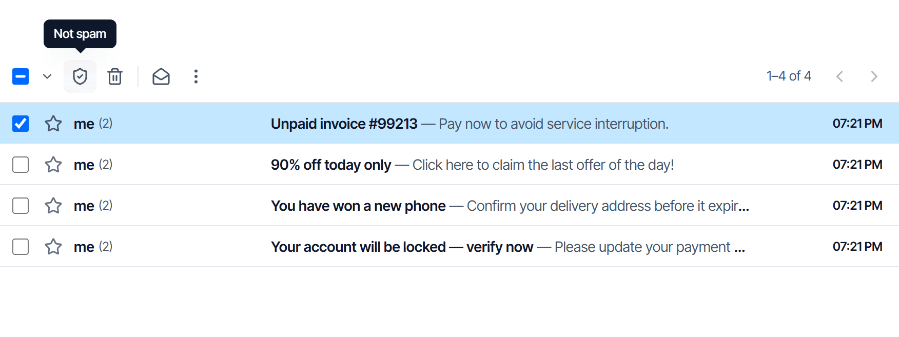 The Spam folder with one message ticked; the toolbar above switches to icon-only buttons, and the first shield icon is showing its Not spam tooltip