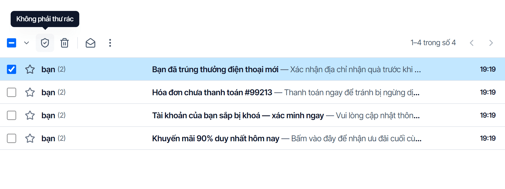 Thư mục Thư rác với một thư đang được tích chọn; thanh công cụ phía trên đổi thành các nút chỉ có biểu tượng, biểu tượng khiên đầu tiên đang hiện chú giải Không phải thư rác
