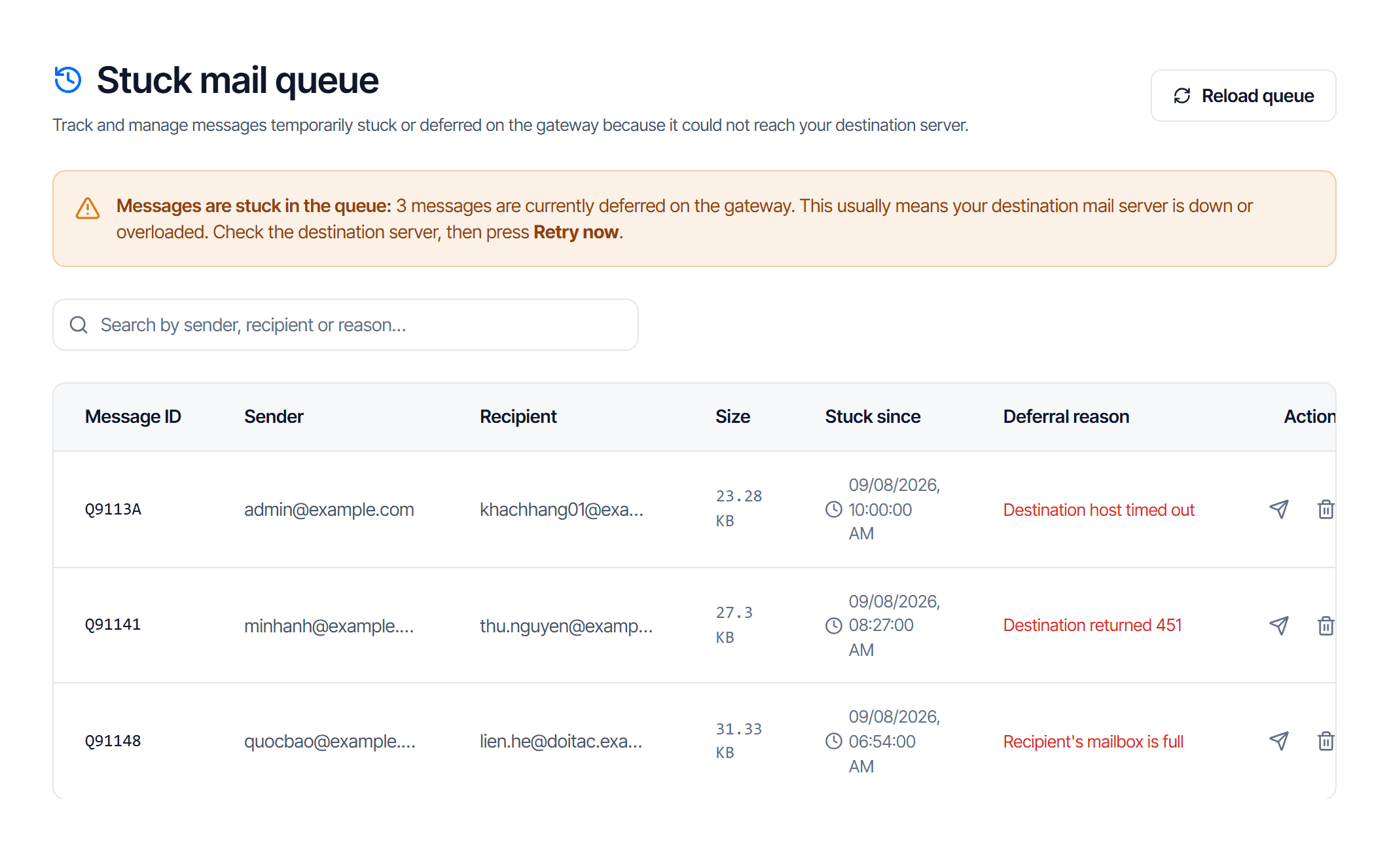 The stuck mail queue with three messages; the defer reason column quotes the destination server verbatim: connection timed out, temporary rejection, and mailbox full