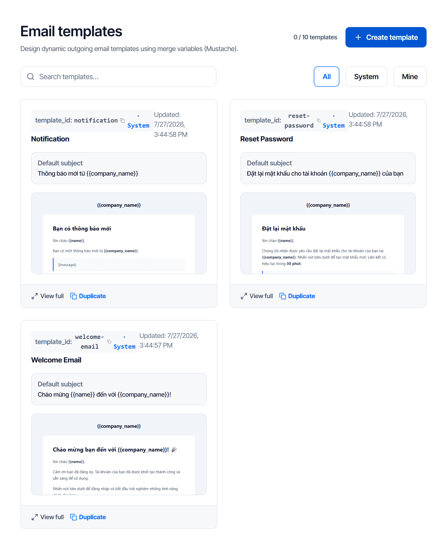 The Templates page: templates used out of the plan limit at the top, a create button, three filters for all, system and mine, and a list showing each template's id, default subject with variables, and view, duplicate and edit buttons