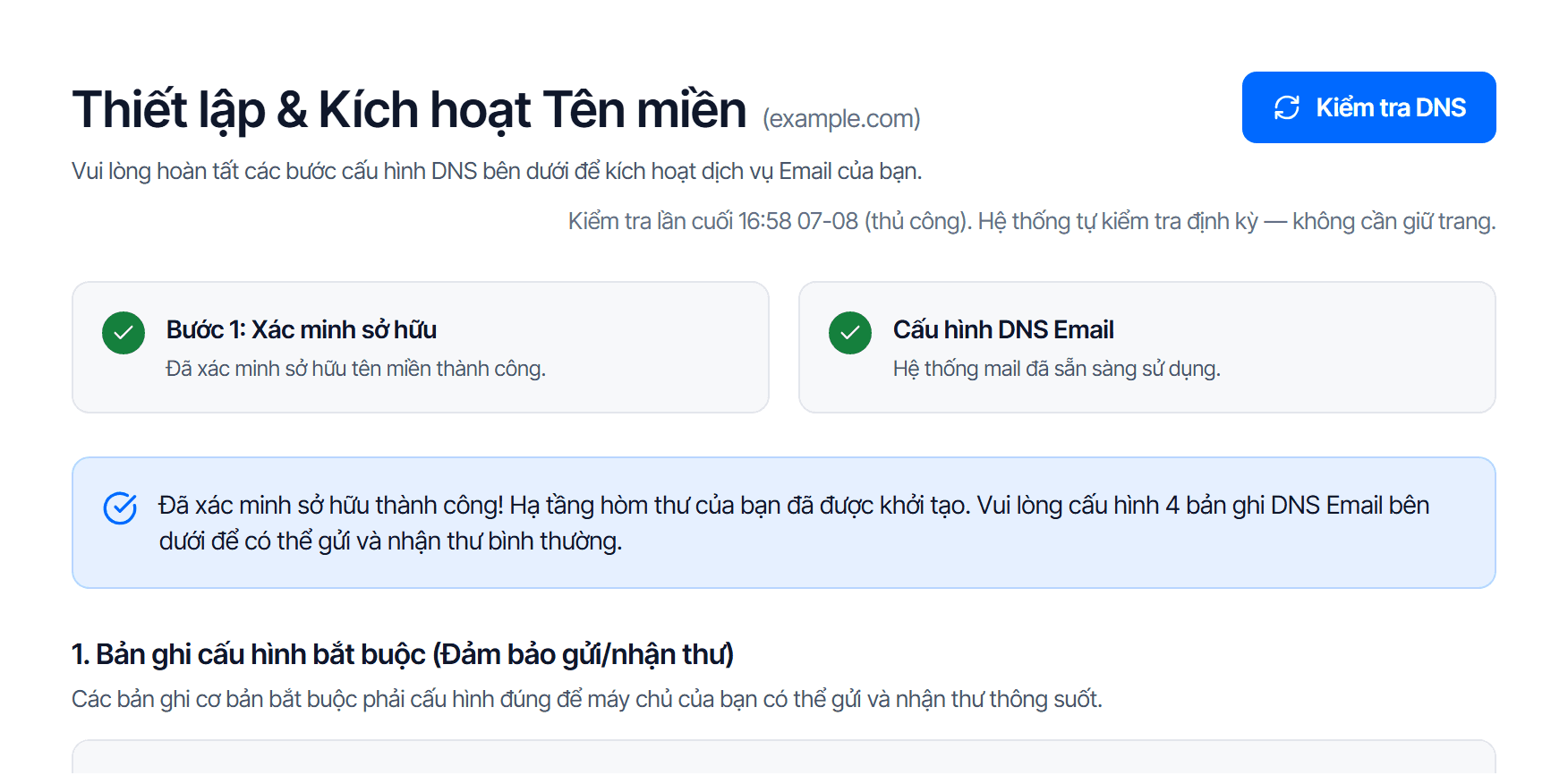 Trang Thiết lập và Kích hoạt Tên miền của Email Business: nút Kiểm tra DNS ở góc phải, hai thẻ Bước 1 Xác minh sở hữu và Cấu hình DNS Email đều đã tích xanh