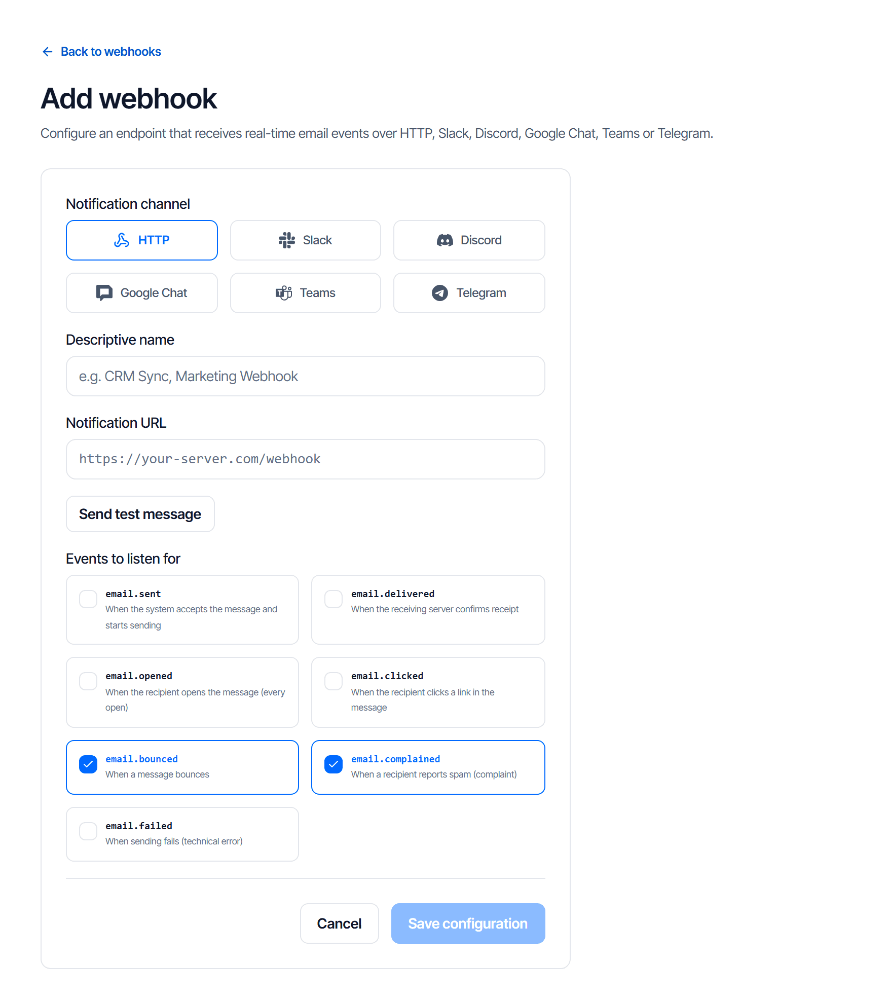 The add webhook screen: channel selection with HTTP and chat channels, a destination URL field, and a list of five email events with bounced and complained pre-selected
