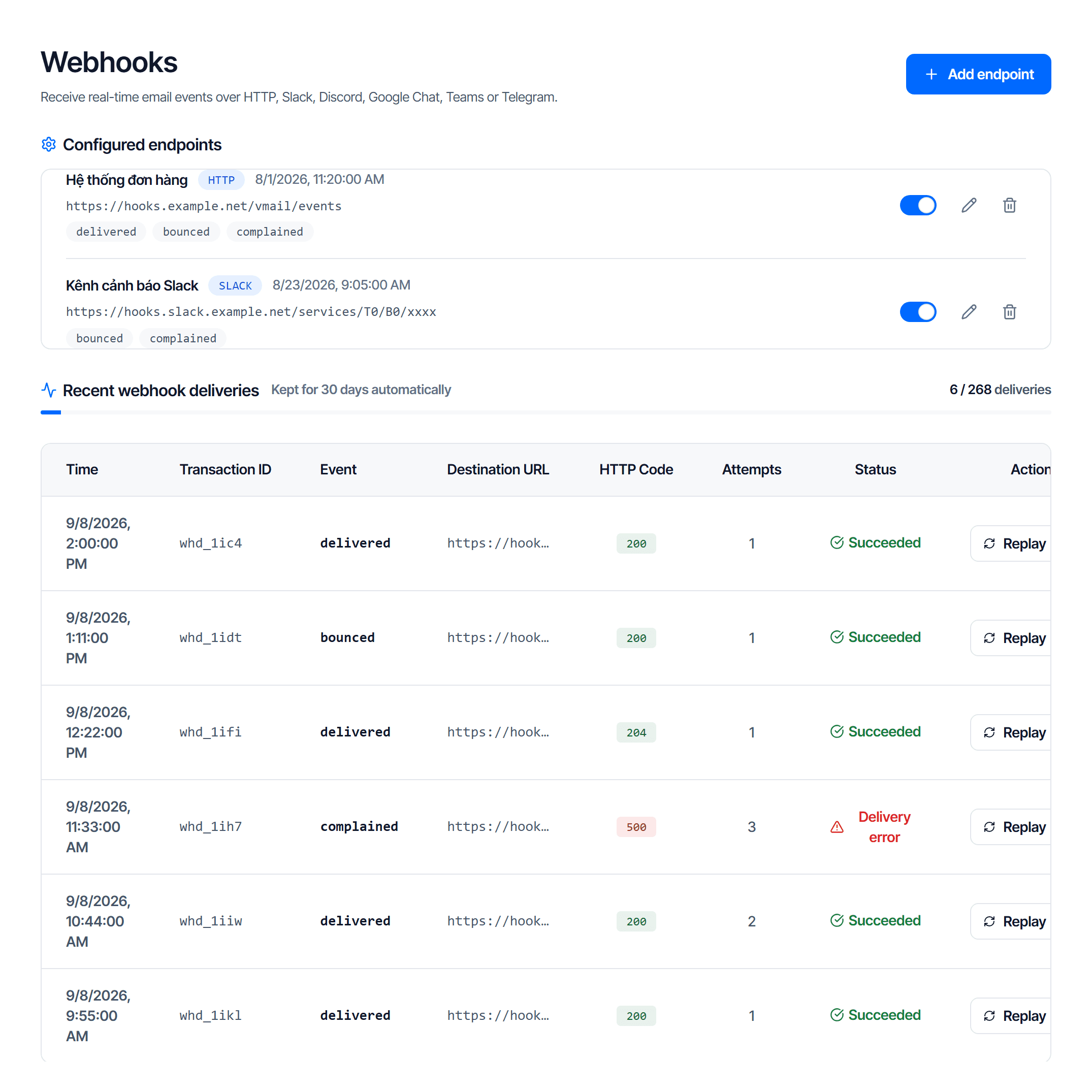 The Webhooks page: the add webhook button, and the endpoint list with delivery history columns for transaction ID, target URL and attempts