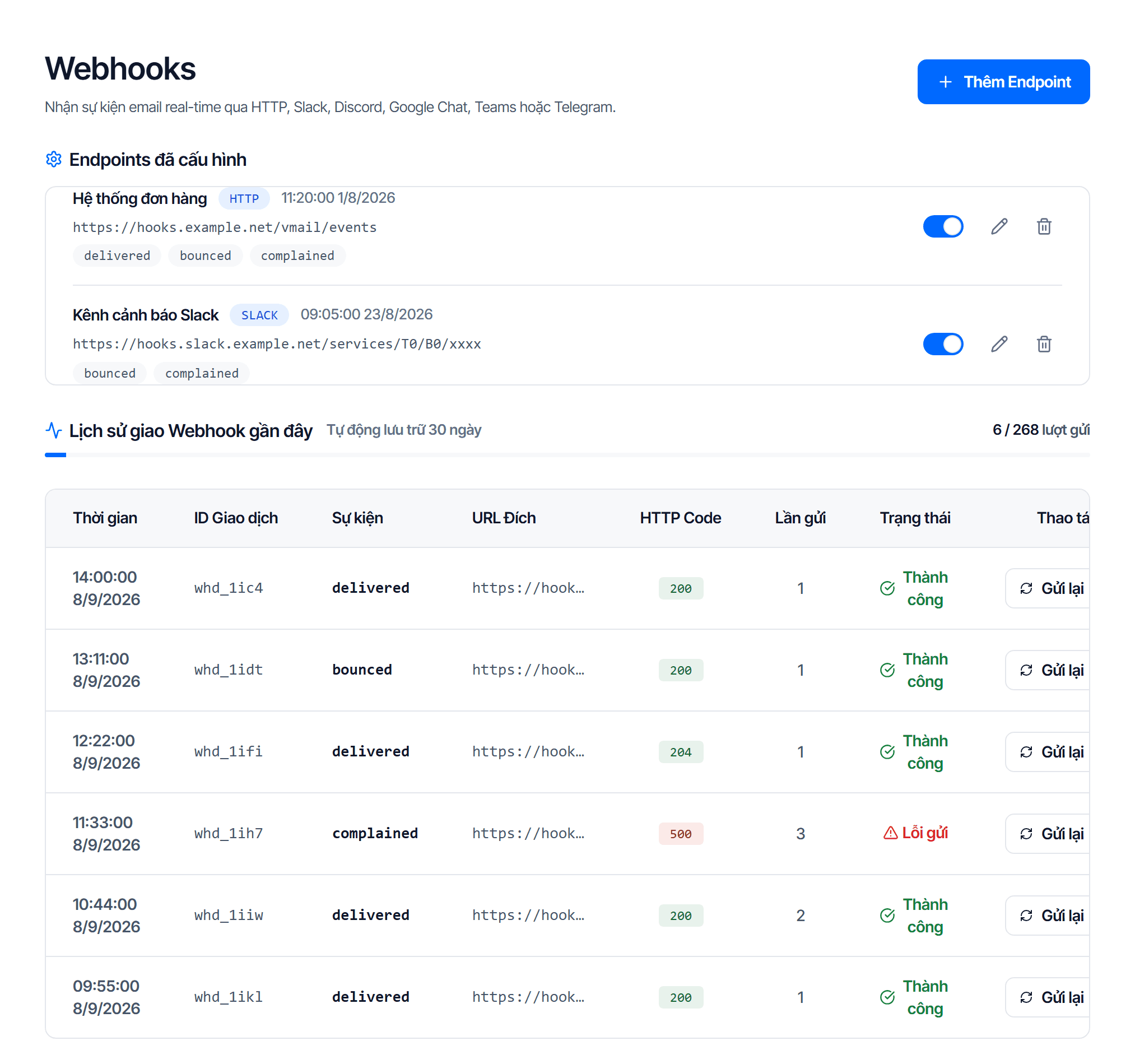 Trang Webhooks: nút thêm webhook mới, và vùng danh sách endpoint kèm lịch sử giao dịch có các cột ID Giao dịch, URL Đích và Lần gửi