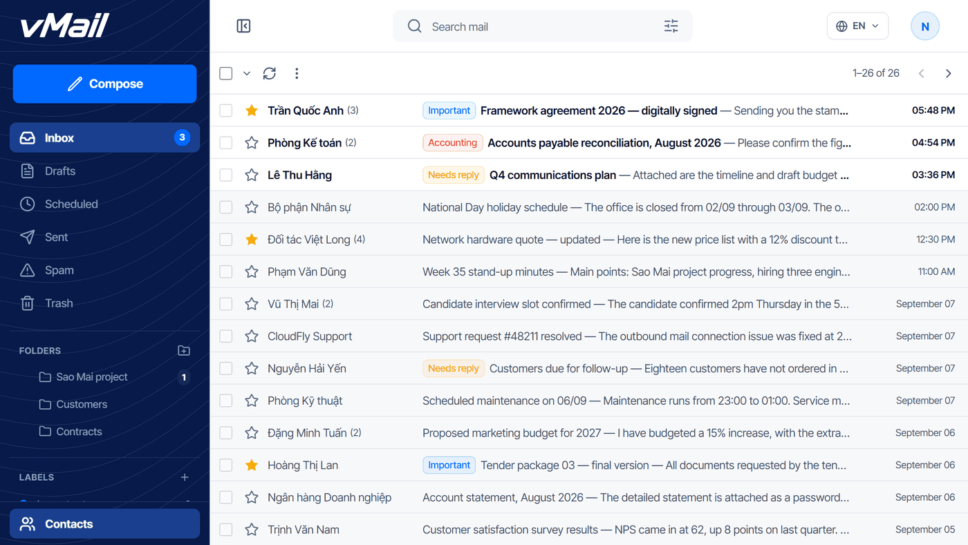 A webmail inbox: the left column has Inbox, Drafts, Scheduled, Sent, Spam and Trash plus custom folders and labels; on the right a message list from many senders, with starred rows, unread rows in bold and coloured labels