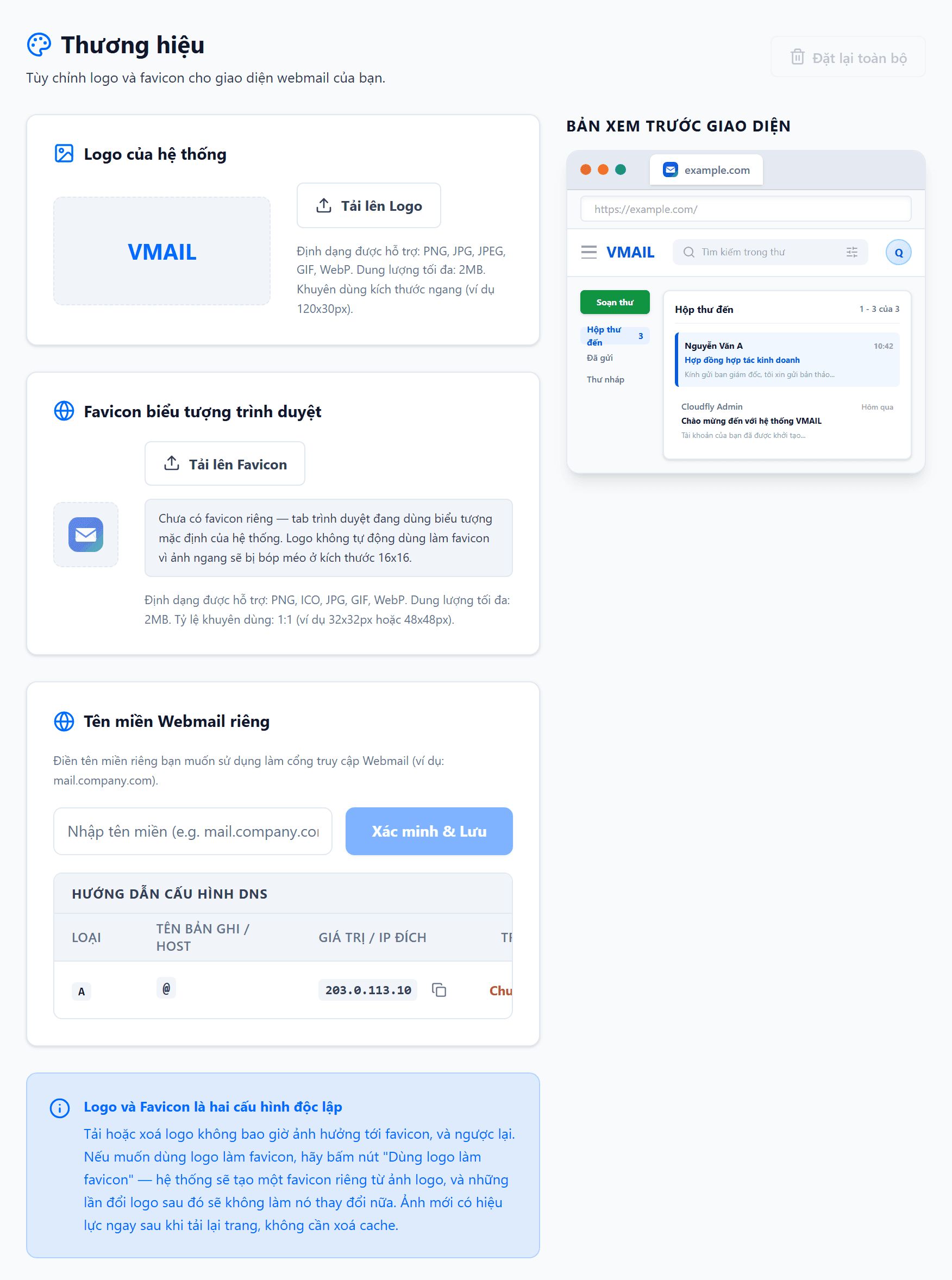 Trang Thương hiệu: khối Logo của hệ thống với nút Thay đổi Logo và Xoá Logo, khối Favicon biểu tượng trình duyệt, khối Tên miền Webmail riêng đang ở trạng thái Đang hoạt động kèm nút Hủy liên kết