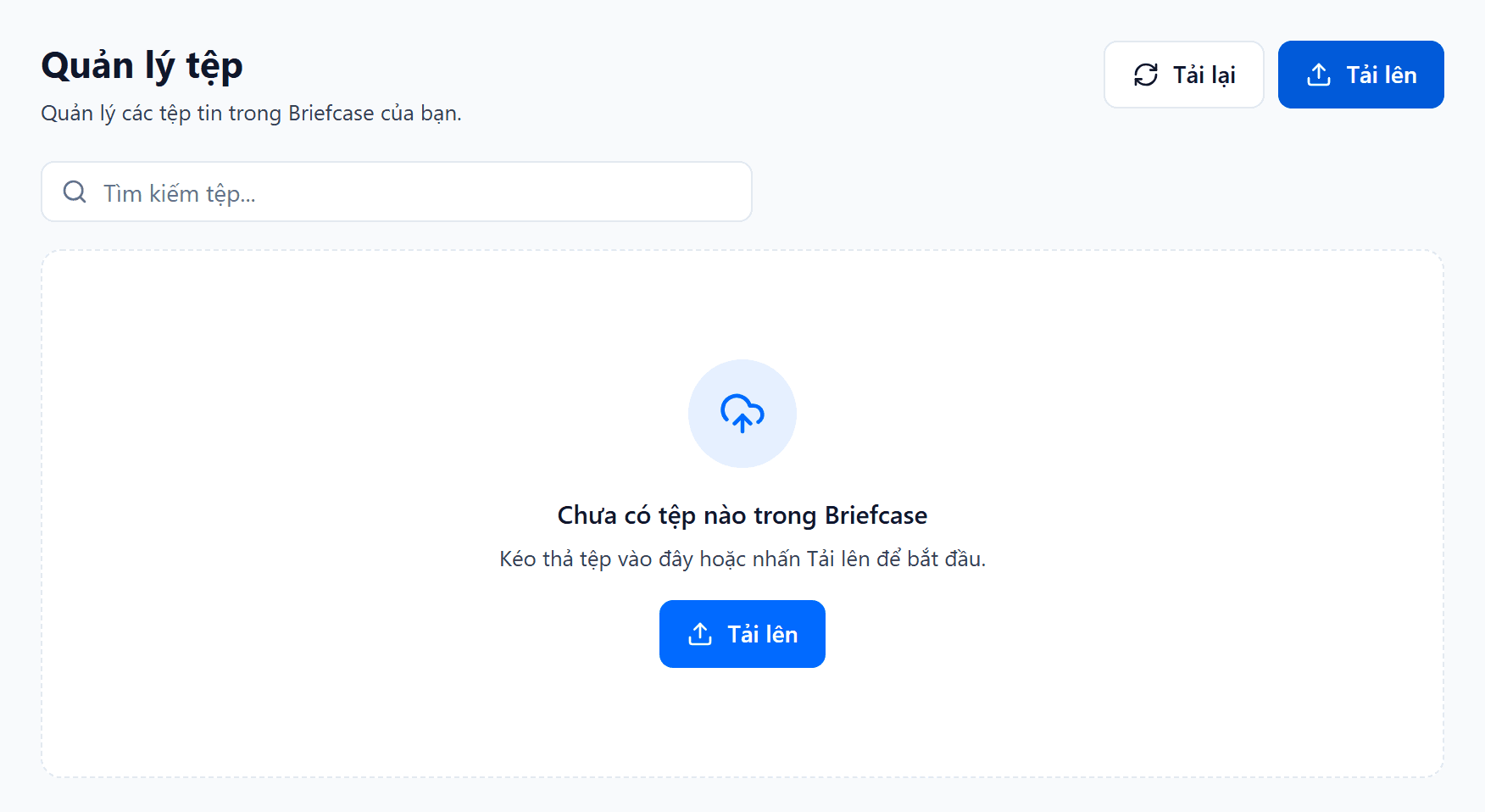 Trang Quản lý tệp: nút Tải lại và Tải lên, danh sách tệp hiện tên, dung lượng và thời gian tải lên, kèm nhãn định dạng như JPG và EML