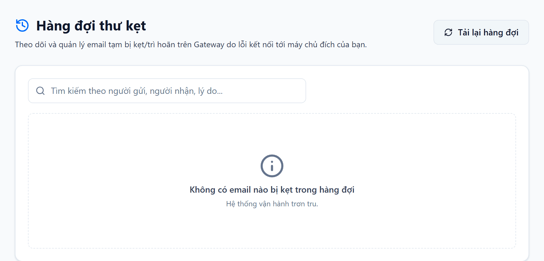 Bảng Hàng đợi thư kẹt với ba thư, cột Nguyên nhân trì hoãn hiện nguyên văn câu trả lời của máy chủ đích: hết thời gian chờ kết nối, từ chối tạm thời, và hộp thư đầy