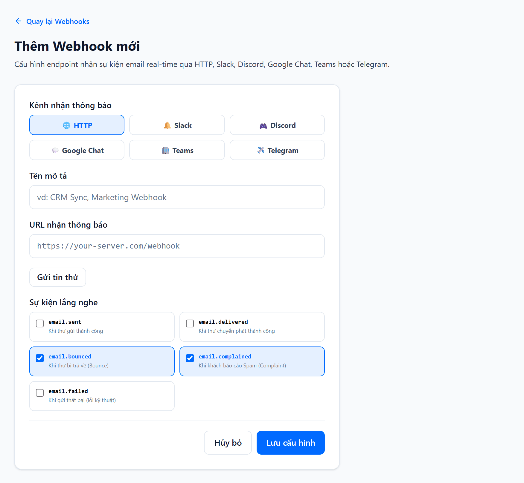 Màn hình Thêm Webhook mới: chọn kênh gửi gồm HTTP và các kênh chat, ô URL đích, và danh sách năm sự kiện email chấm sent, delivered, bounced, complained, failed với hai sự kiện bounced và complained được chọn sẵn